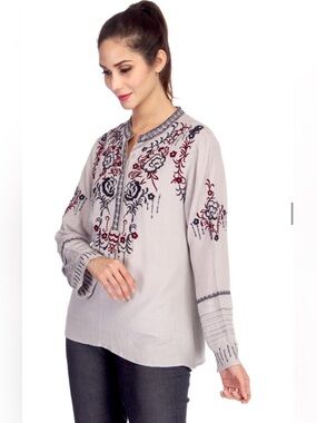 Reba Gray Embroidered Boho Tunic Top Floral Long Sleeve Crinkle Blouse Size S
